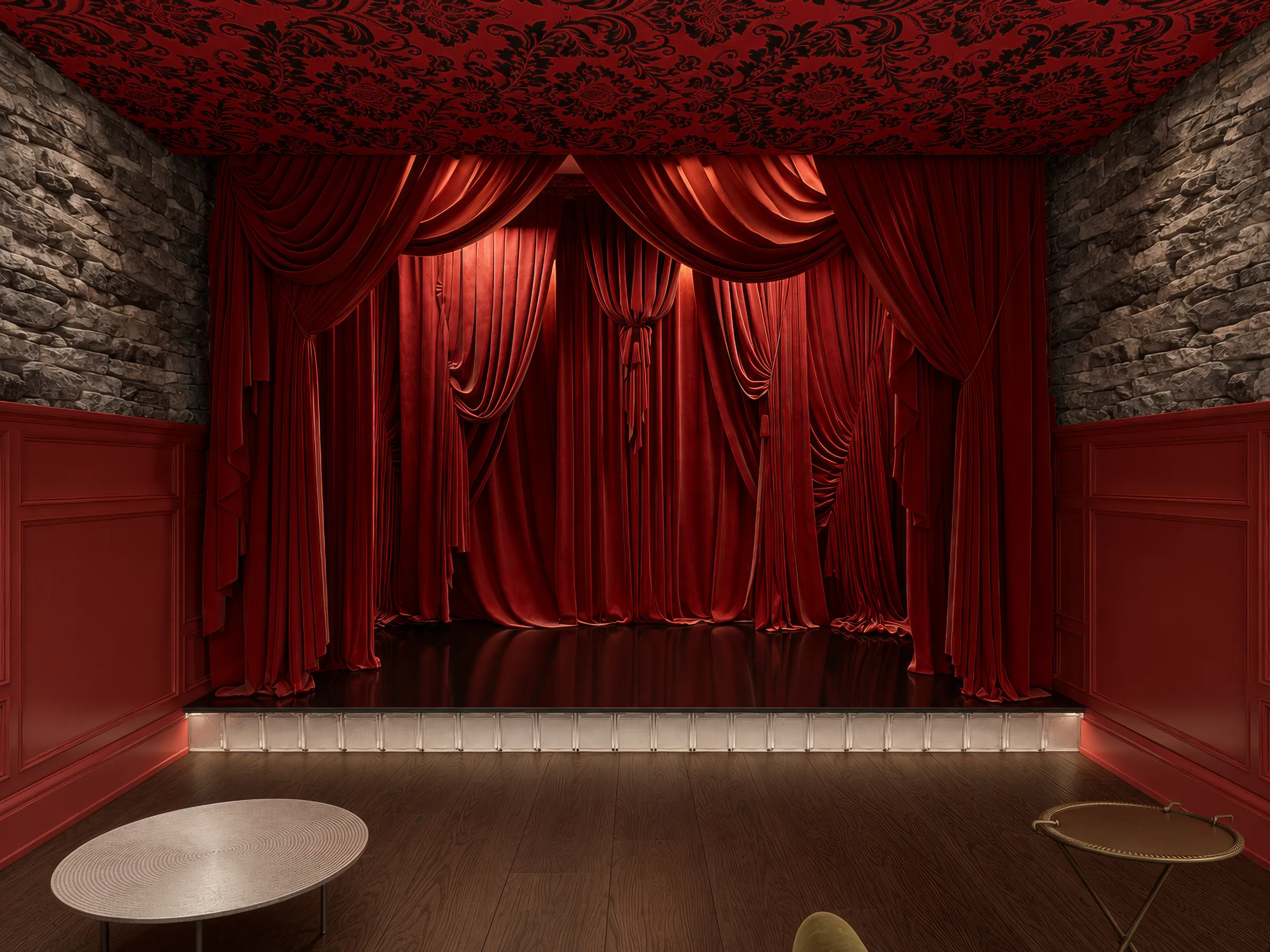 Render of a small stage with red velvet curtains, stone side walls, a damask ceiling and cocktail tables in a hotel speakeasy lounge