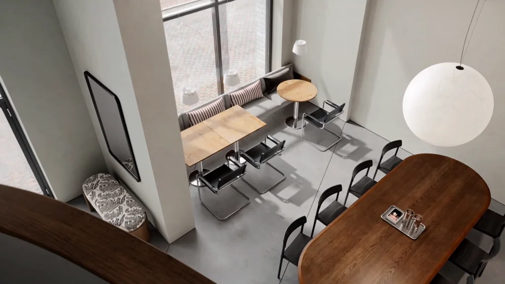 CGI video still of a cafe with shared seating