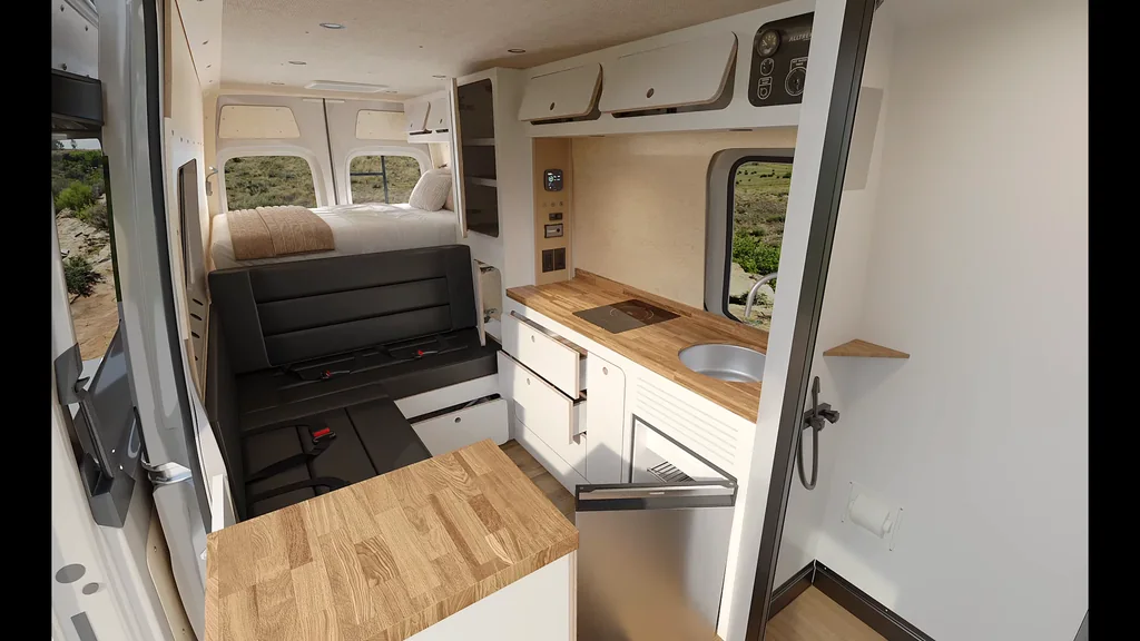 Film still of a campervan interior with a bench and kitchen