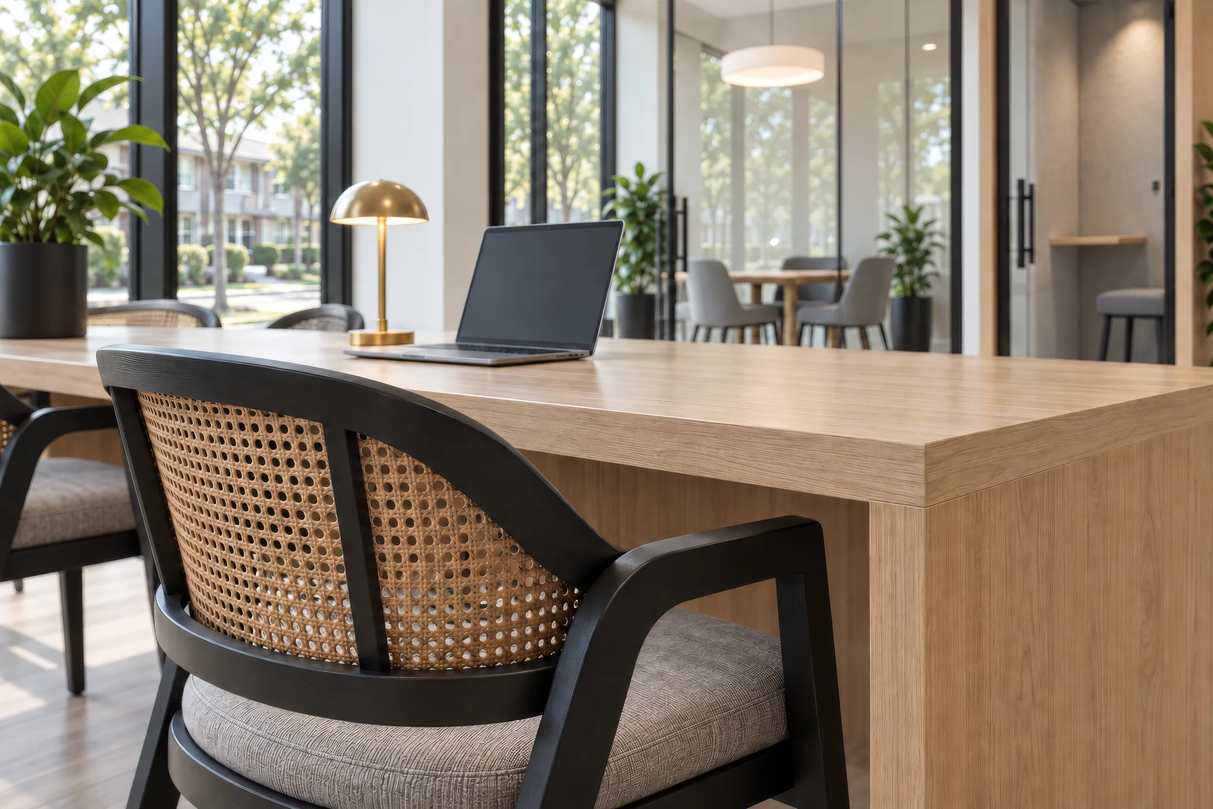 Visualisatie van gemeenschappelijke ruimtes voor een appartementencomplex met 300 woningen in Canada Close-up render van een zwarte stoel met rieten rugleuning aan een eikenhouten coworkingtafel met een laptop en een messing lamp
