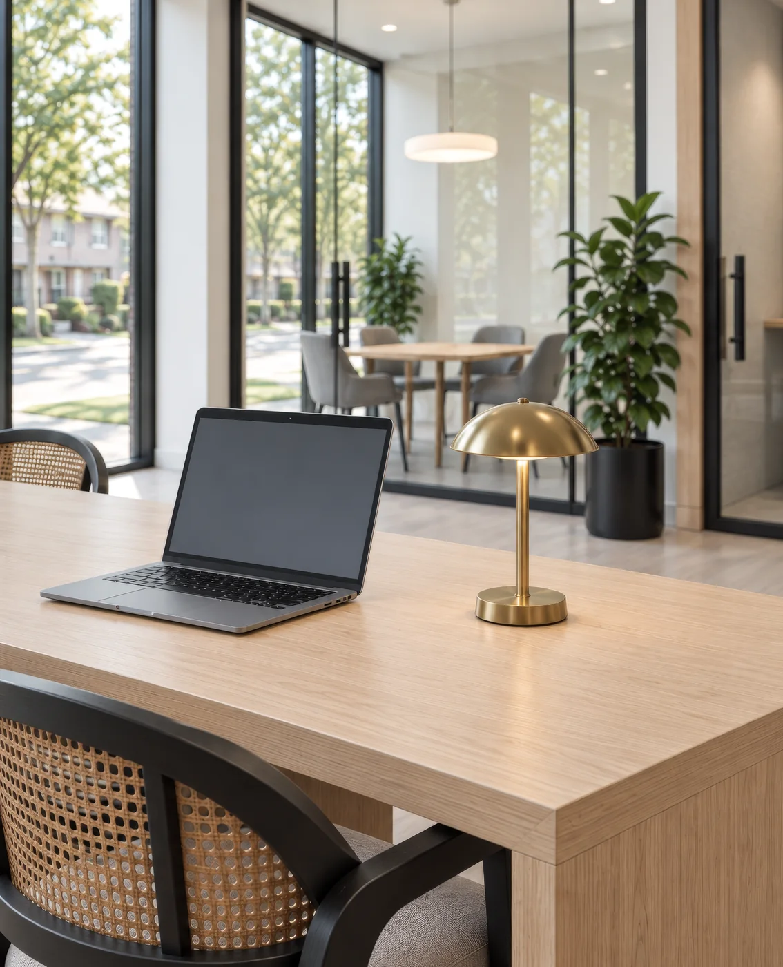 Visualisatie van gemeenschappelijke ruimtes voor een appartementencomplex met 300 woningen in Canada Render in staand formaat van een laptop en een messing lamp op een eikenhouten tafel in een coworkingruimte, met een glazen vergaderruimte op de achtergrond