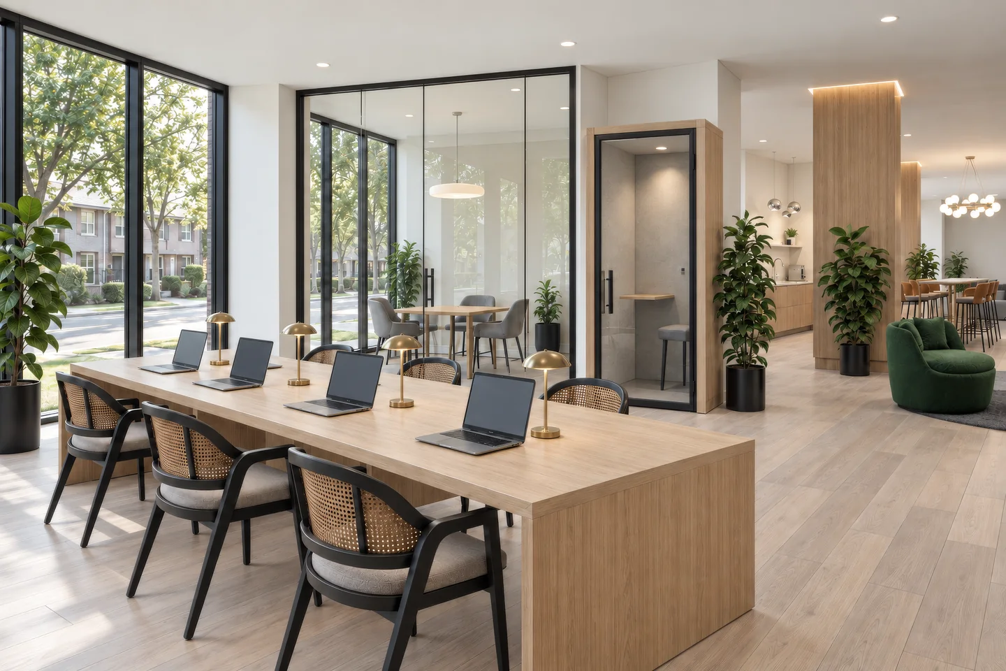Render of a condo coworking room with a long oak table, brass lamps, a glass meeting room and a phone booth