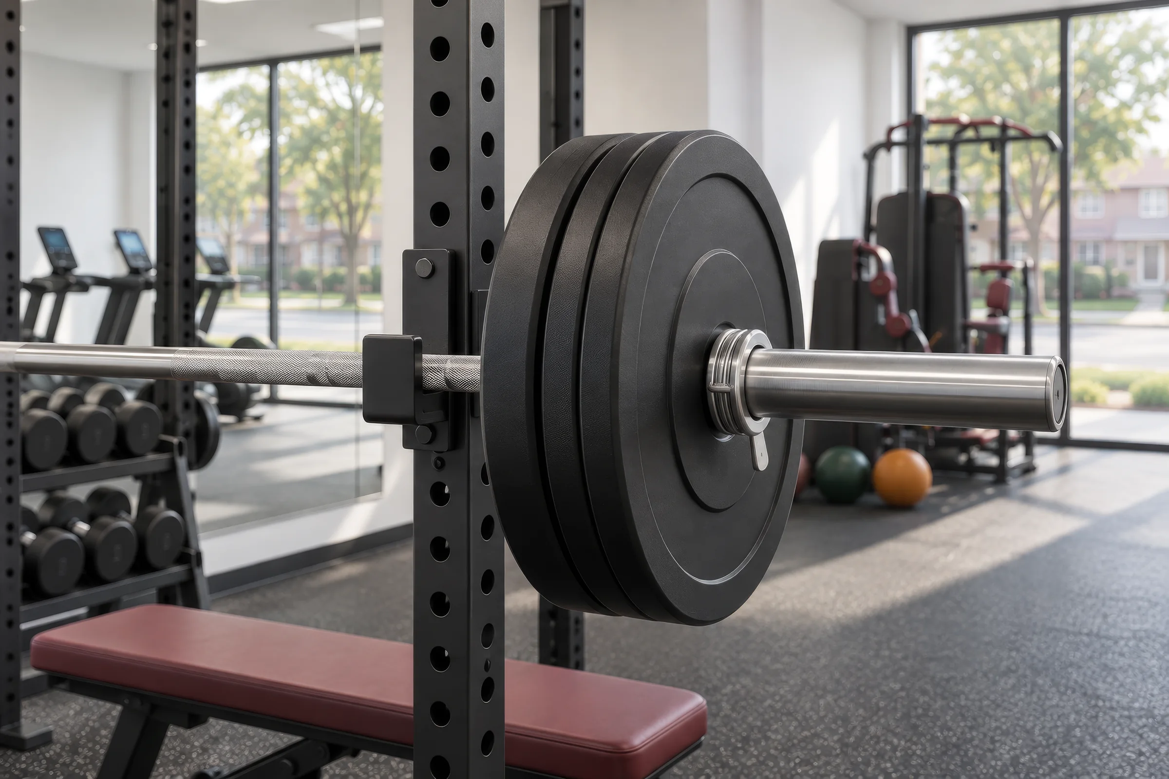 Visualisatie van gemeenschappelijke ruimtes voor een appartementencomplex met 300 woningen in Canada Close-up render van een beladen halterstang op een squatrek met een bank, dumbbells en cardioapparaten in de fitnessruimte van een appartementencomplex