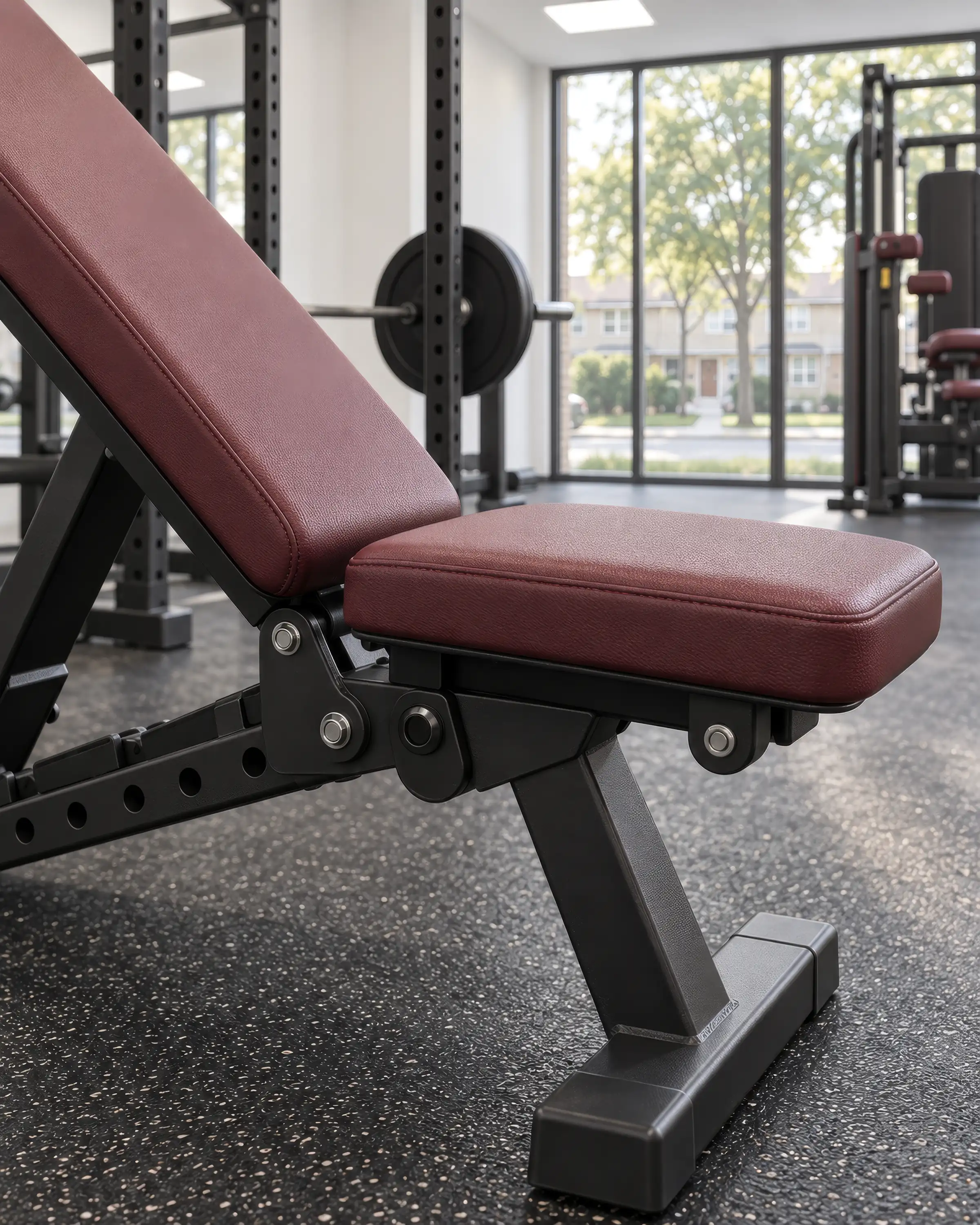 Visualisatie van gemeenschappelijke ruimtes voor een appartementencomplex met 300 woningen in Canada Close-up render in staand formaat van een verstelbare trainingsbank met bordeauxrode bekleding voor een squatrek