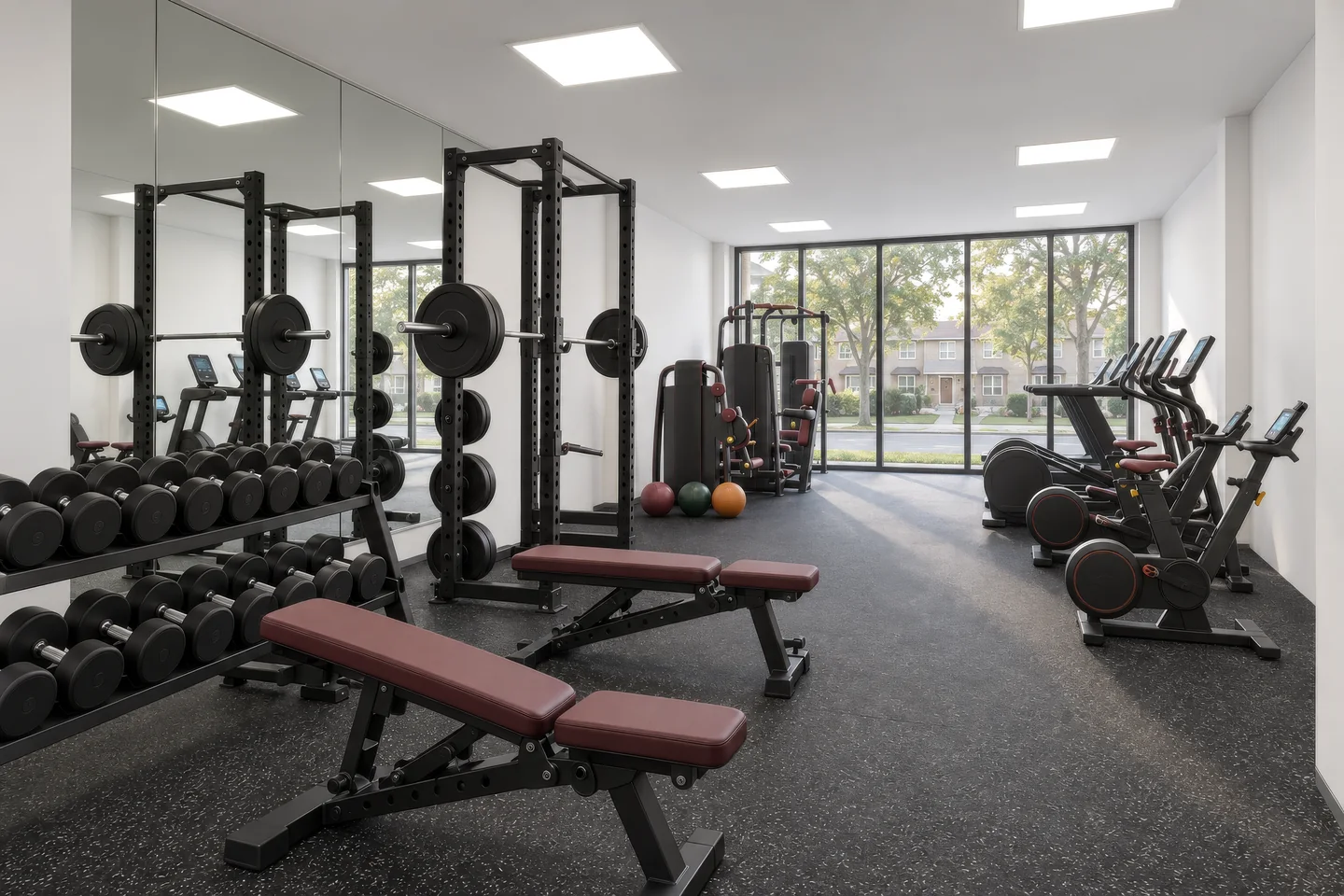 Render of a condo gym with squat racks, benches, a dumbbell rack, cardio machines and a mirror wall by street-side windows