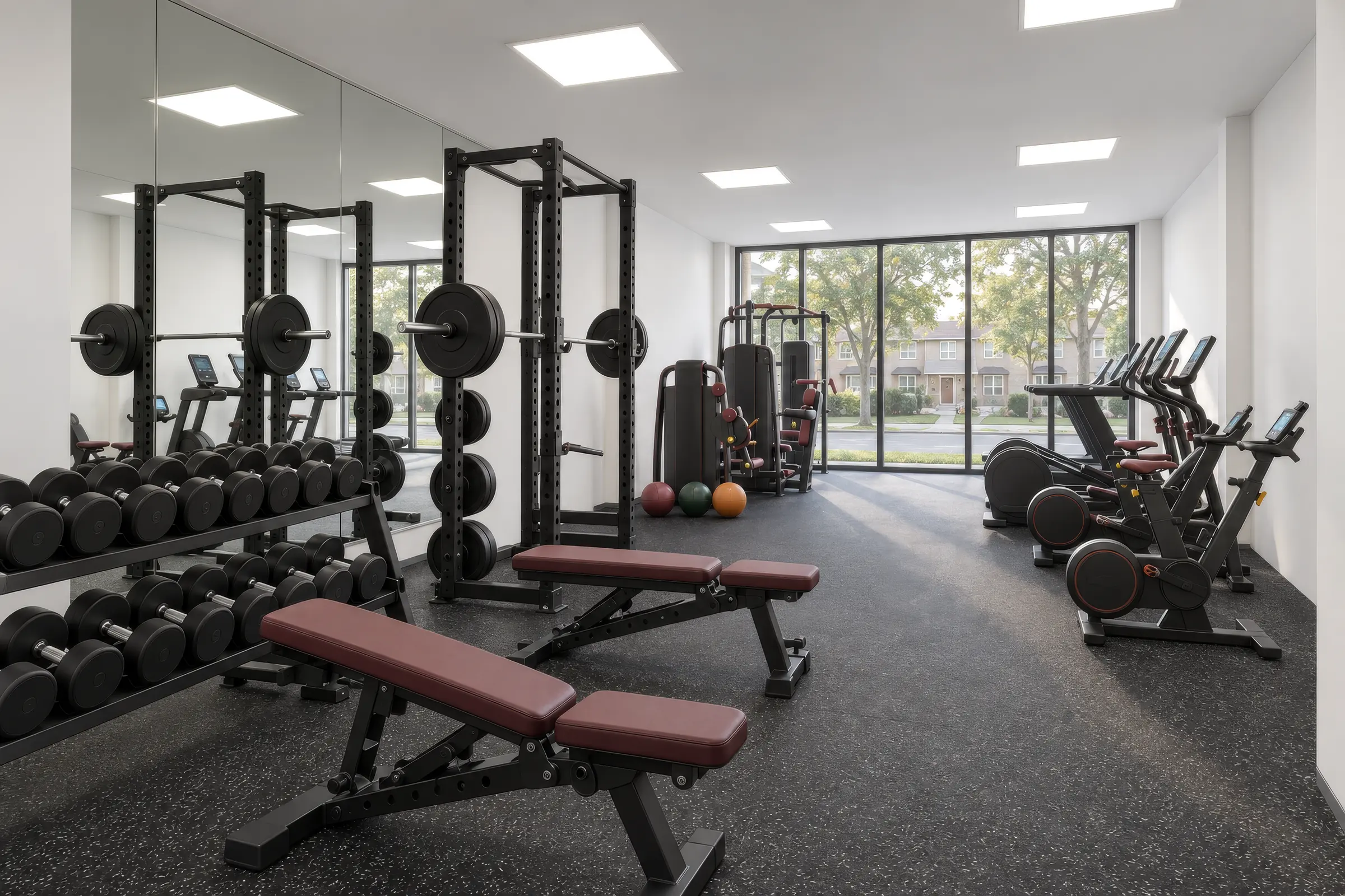 Visualisatie van gemeenschappelijke ruimtes voor een appartementencomplex met 300 woningen in Canada Render van de fitnessruimte van een appartementencomplex met squatrekken, banken, een dumbbellrek, cardioapparaten en een spiegelwand bij ramen aan de straatkant