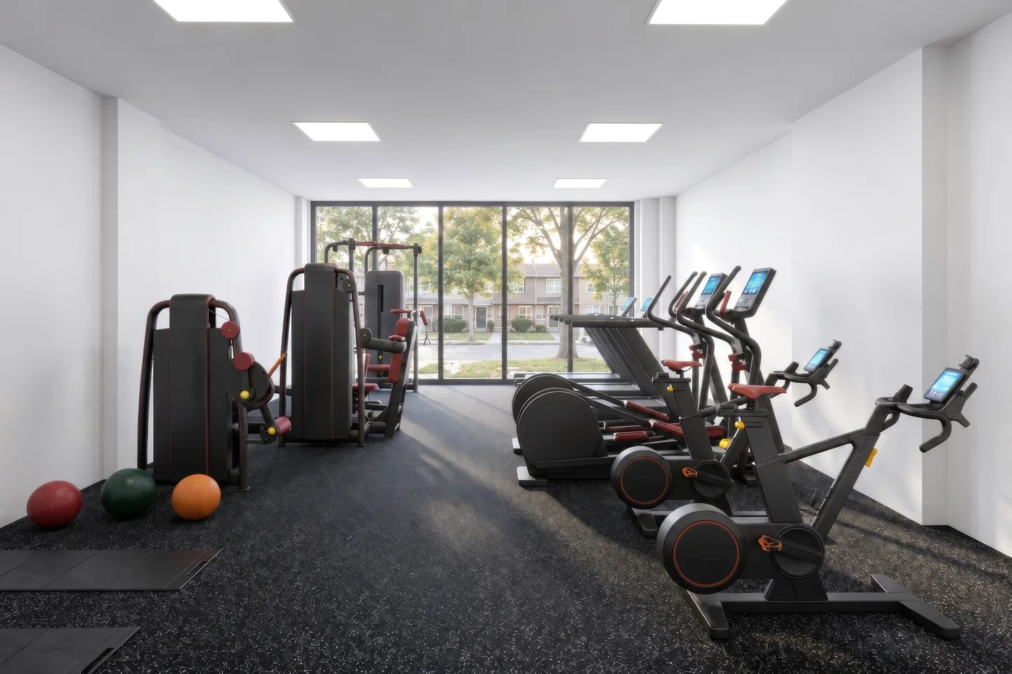 Render of a long condo gym with ellipticals, strength machines and a free weights area leading to a street-side window