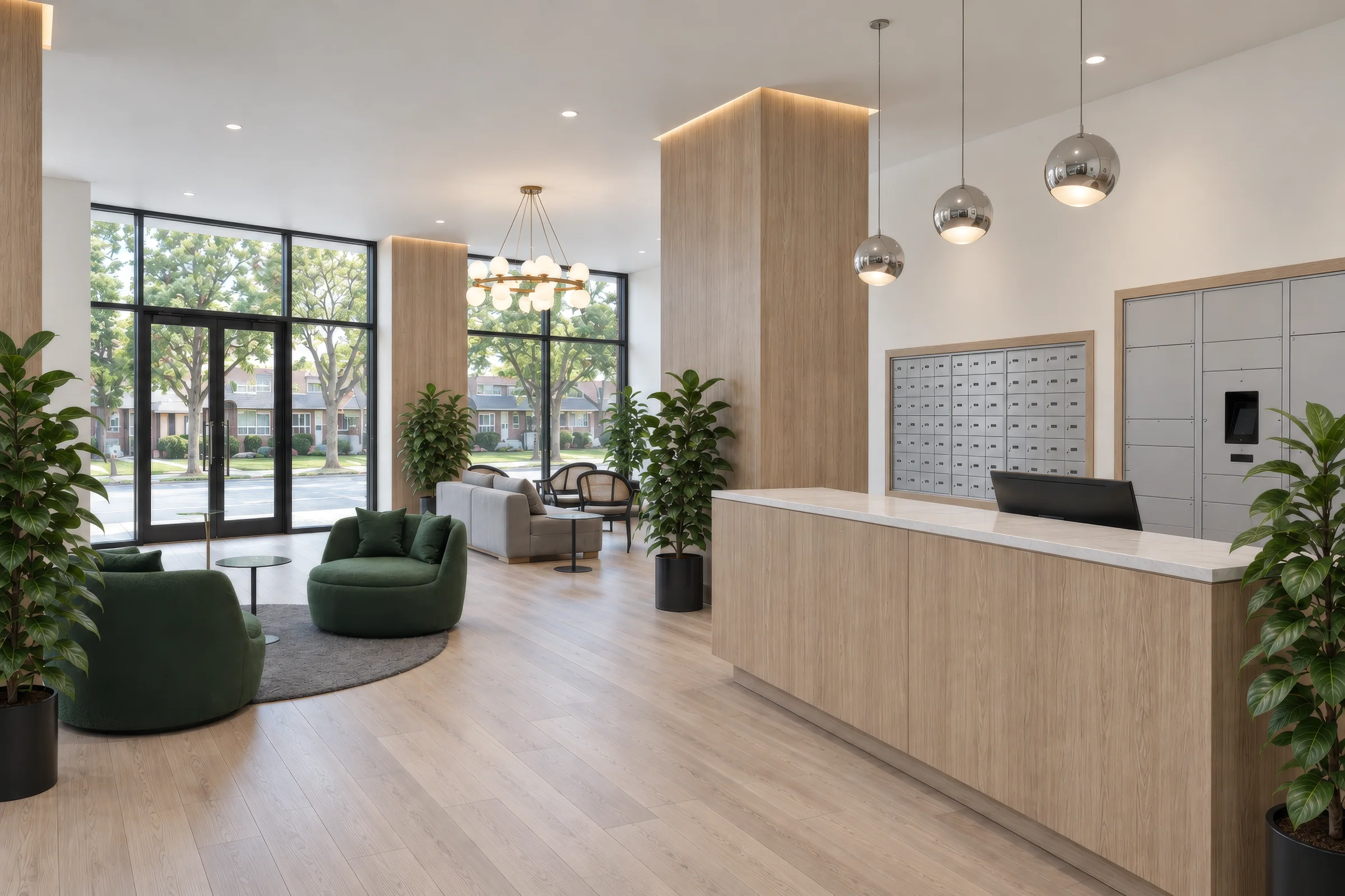 Visualisatie van gemeenschappelijke ruimtes voor een appartementencomplex met 300 woningen in Canada Render van de lobby van een appartementencomplex met een conciërgebalie, brievenbussen, pakketkluizen en groene fauteuils bij kamerhoge ramen