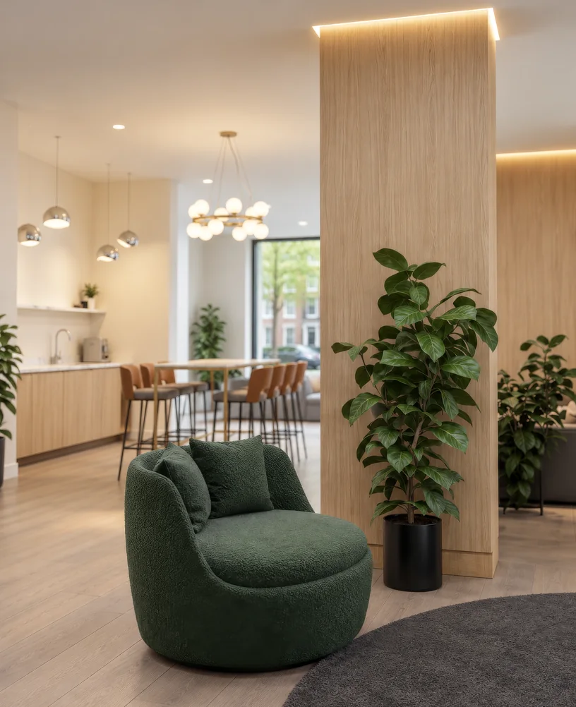 Visualisatie van gemeenschappelijke ruimtes voor een appartementencomplex met 300 woningen in Canada Render in staand formaat van een groene bouclé fauteuil naast een met eiken beklede kolom met warme indirecte verlichting in een bewonerslounge
