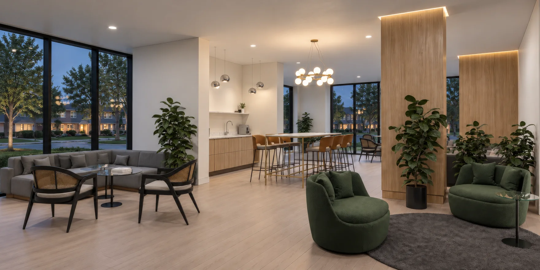 Render van een bewonerslounge in een appartementencomplex in de avond, met groene fauteuils, een keukenbar en met eiken beklede kolommen achter ramen aan de straatkant
