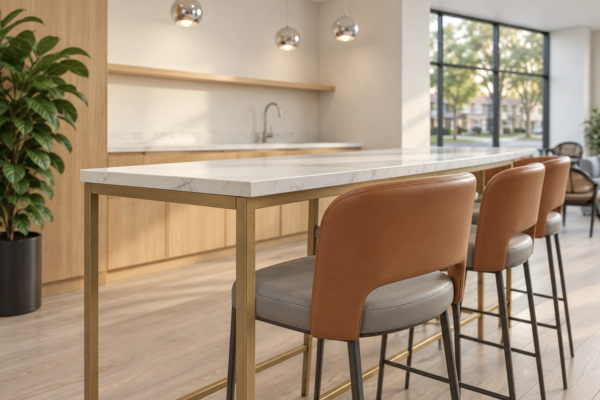 Visualisatie van gemeenschappelijke ruimtes voor een appartementencomplex met 300 woningen in Canada Render van een marmeren bartafel met cognackleurige leren barkrukken voor een eikenhouten keuken in een bewonerslounge