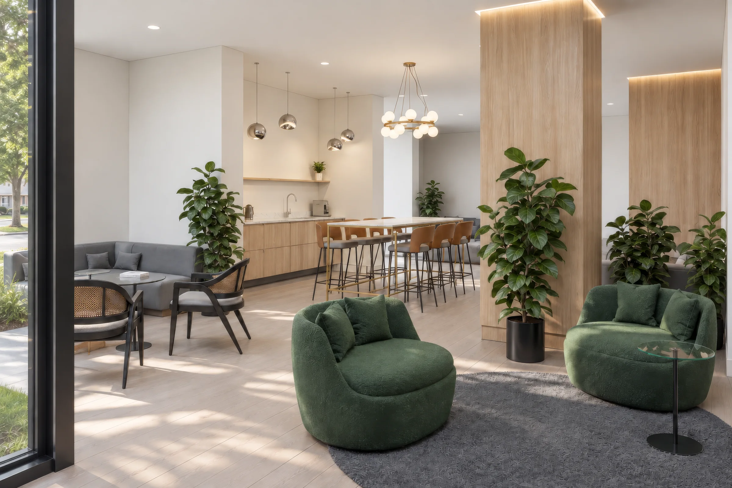 Visualisatie van gemeenschappelijke ruimtes voor een appartementencomplex met 300 woningen in Canada Render van een bewonerslounge met groene fauteuils, een keuken met een marmeren bartafel en met eiken beklede kolommen bij daglicht