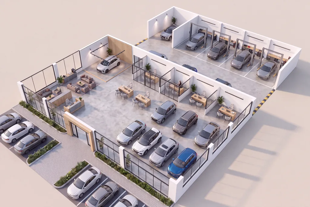 3D floor plan of a car dealership with the showroom floor, reception, customer lounge, sales offices, service bays and customer parking