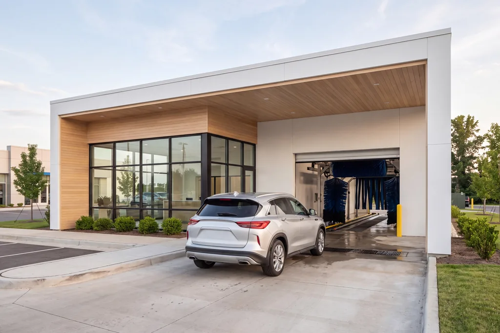 Exterior render of a dealership car wash pavilion with a glazed corner office, a wood soffit canopy and a car entering the wash tunnel