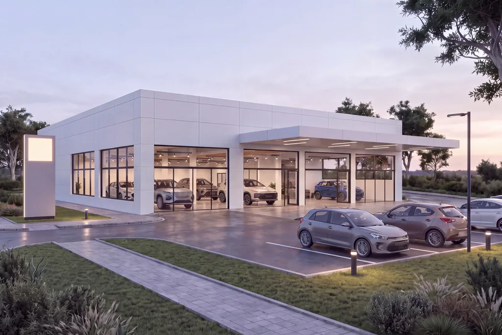 Exterior render of a new car dealership at dusk with a glazed showroom, a lit pylon at the entrance and cars in the parking lot