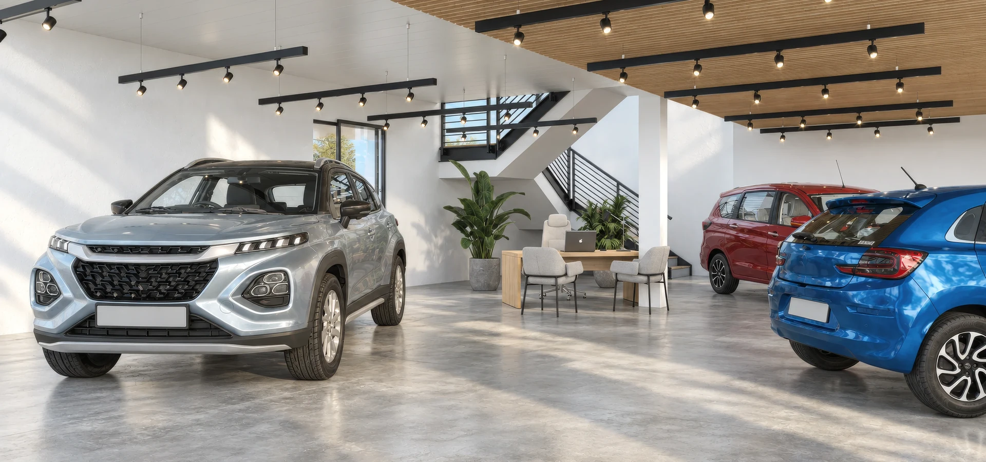 Render of a car dealership showroom with new cars on a polished floor, a lit brand wall and glass offices