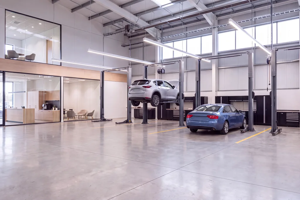 Render of a dealership service center with two-post lifts, a car raised on one bay and a glazed customer reception
