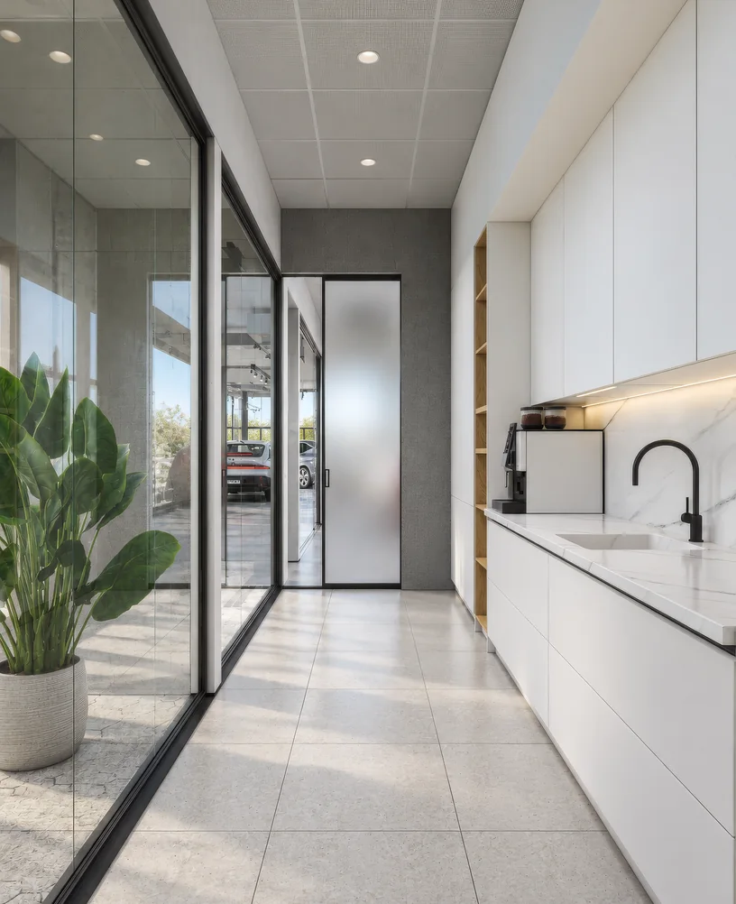 Render of a dealership coffee point with a white counter and a glazed corridor to the showroom