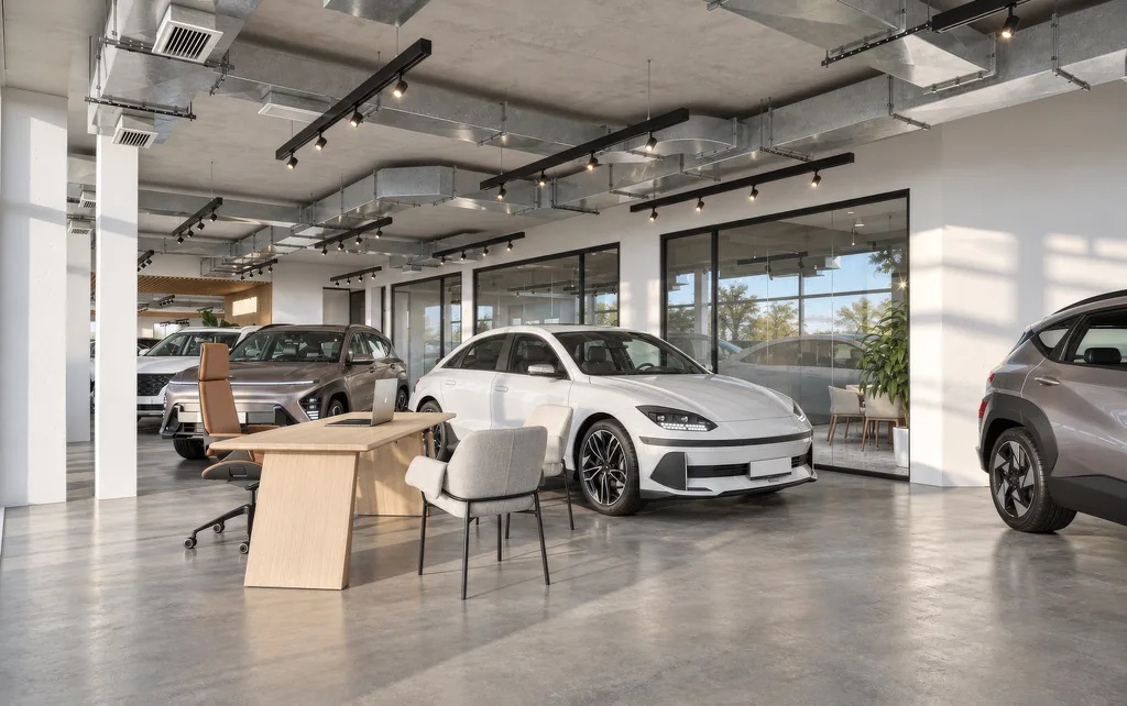Render of a car showroom interior with oak sales desks, pale chairs and white cars under an exposed duct ceiling
