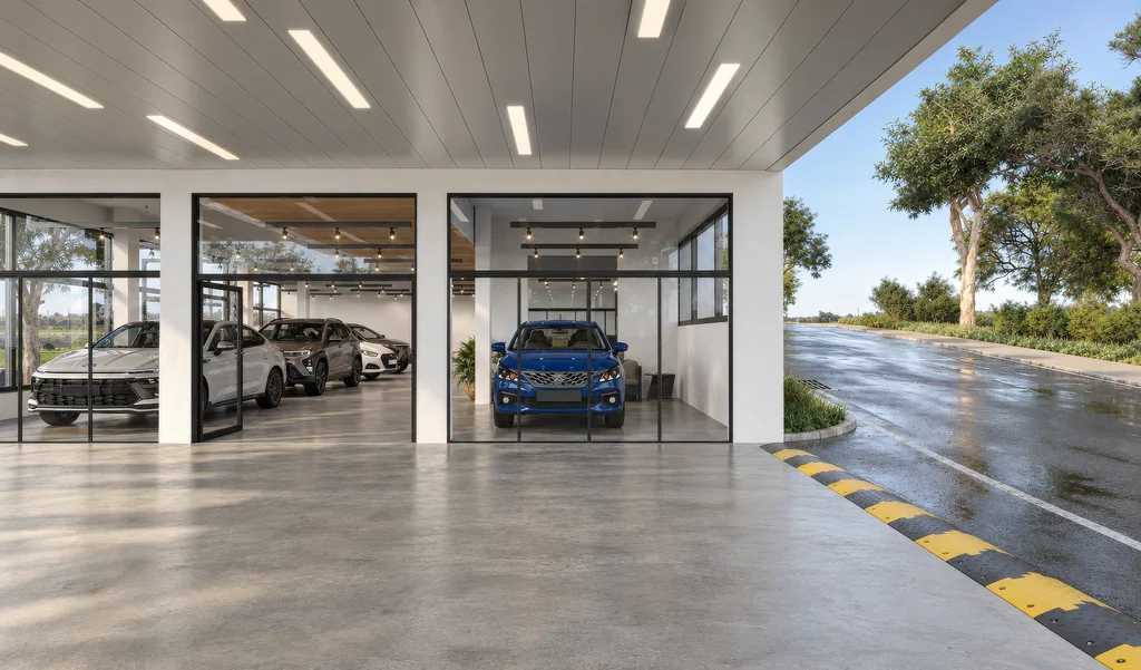 Render of a covered dealership entrance drive with a glass facade, canopy lighting and a car at the handover point
