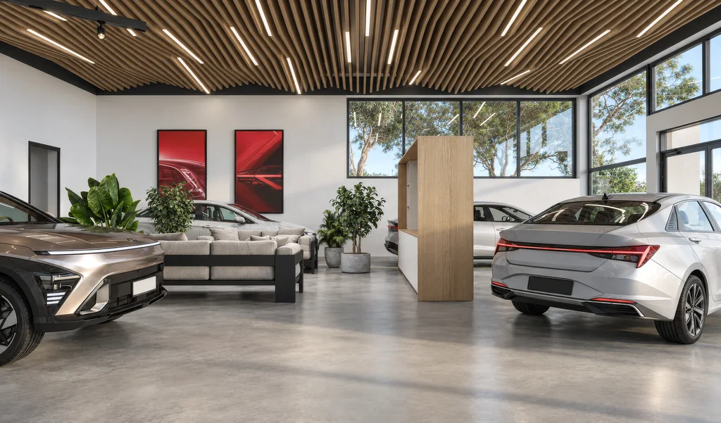 Render of a car dealership customer lounge with sofas, an oak display unit and new cars on the showroom floor