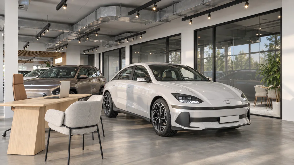 Render of an electric sedan on display beside a sales desk in a bright showroom