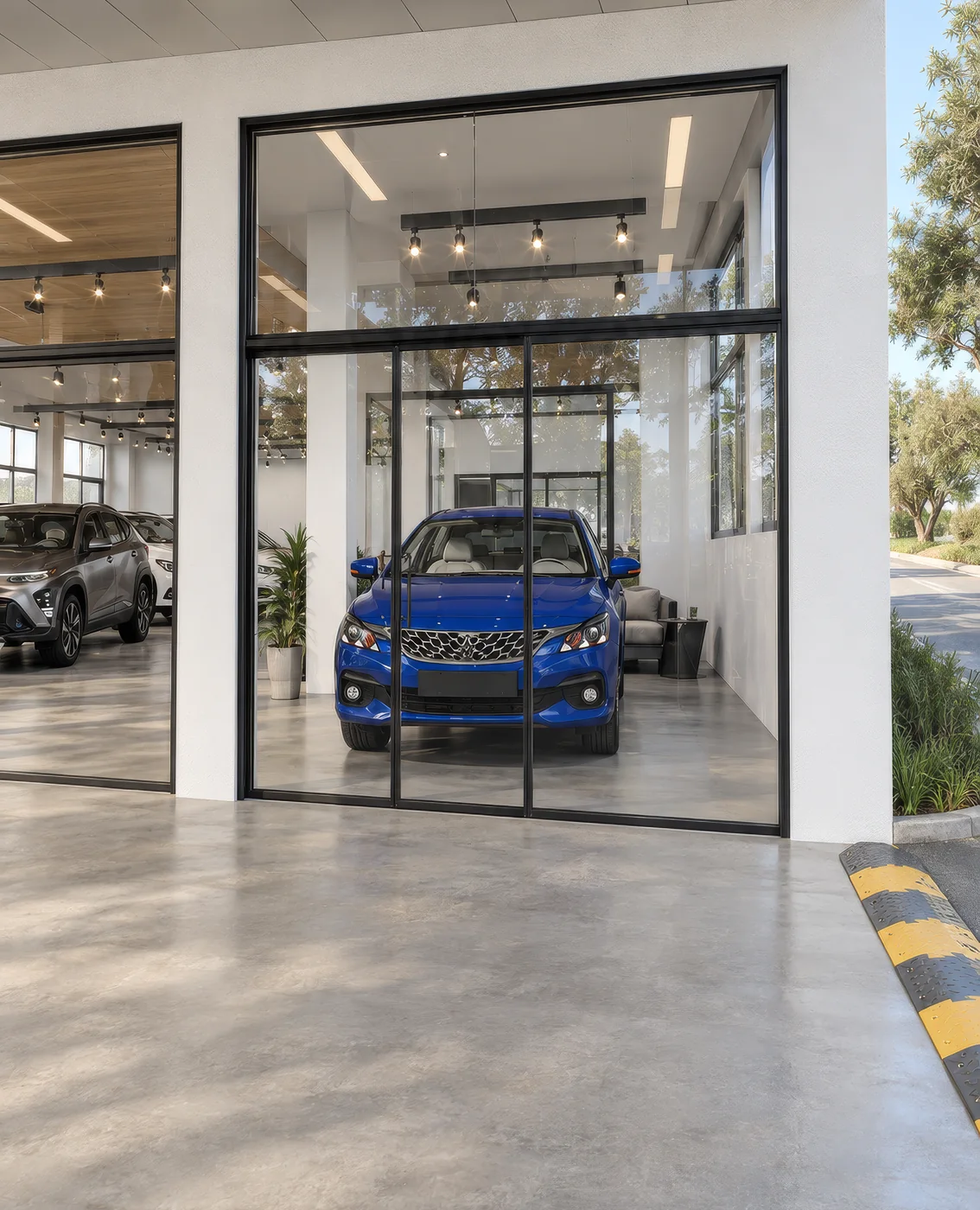 Rendering of the glass entrance of a car showroom with a blue car on display behind black framed doors