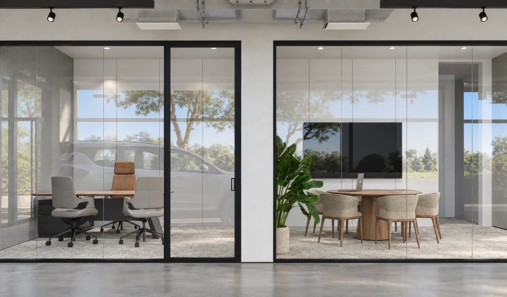 Render of glass offices and a meeting room with a round table along a car showroom floor