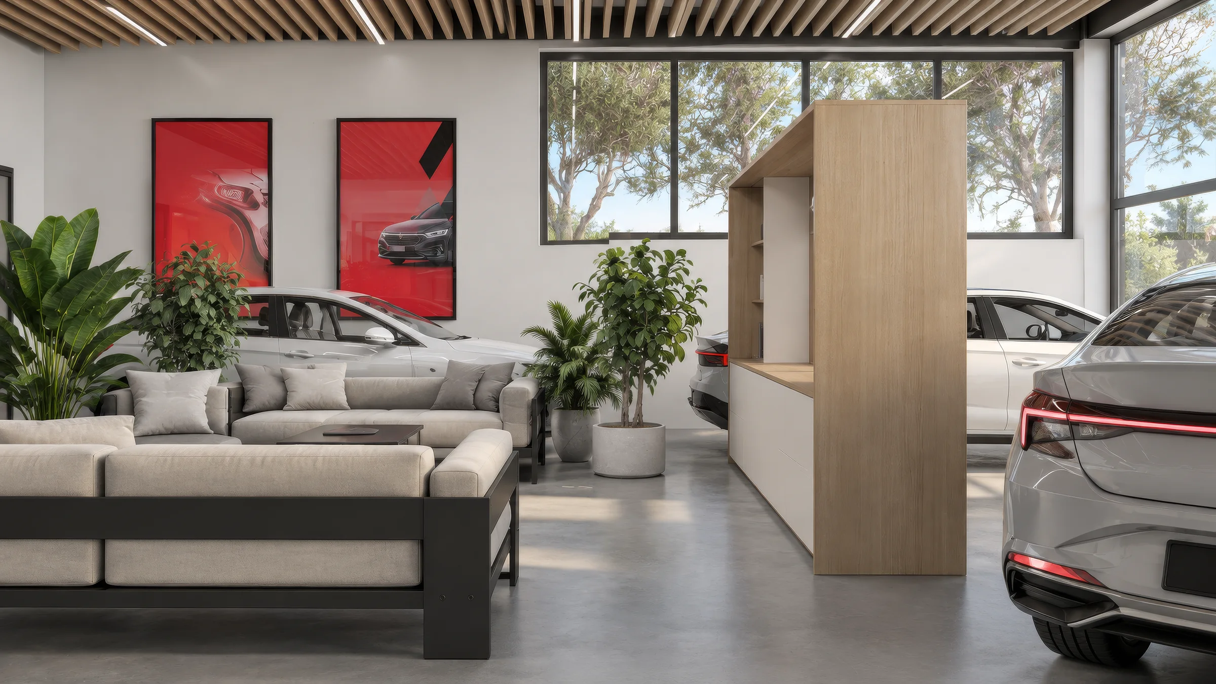 Rendering of lounge sofas, plants and a display wall with posters in a car showroom