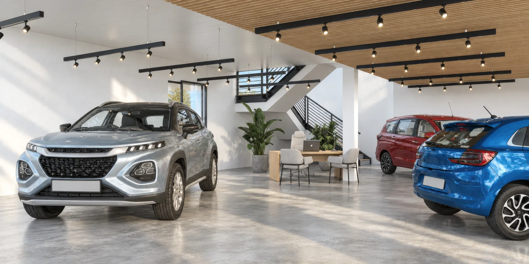 Interior rendering of a car showroom sales floor with a silver SUV, a blue hatchback, a staircase and an oak slat ceiling with black track lights