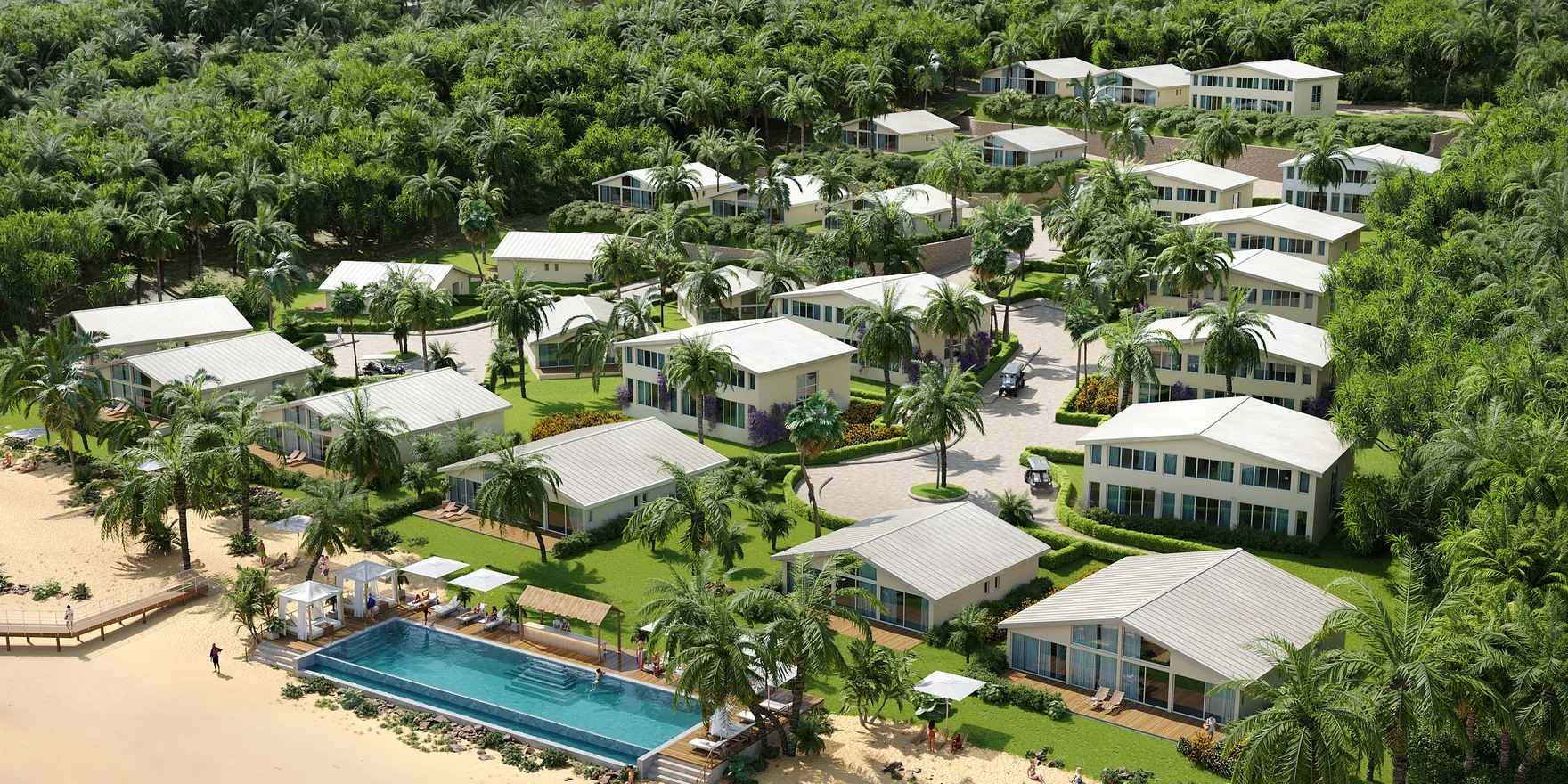 Palmiyeler arasındaki beyaz villaları, kabanalı infinity havuzu ve kumlu plajıyla Karayipler'deki bir villa tatil köyünün havadan görseli