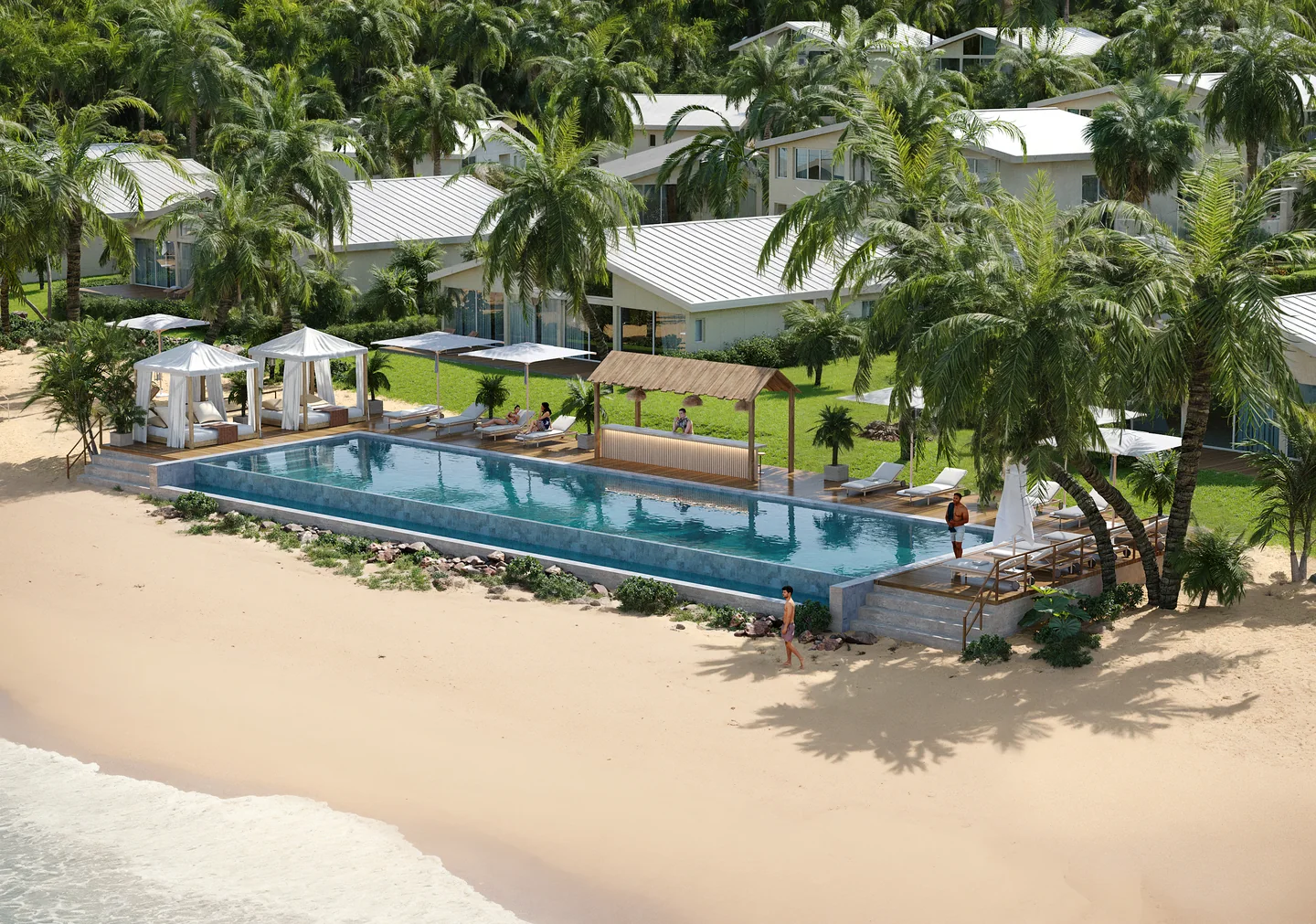 Render of an infinity pool on the beach with palm trees, loungers and resort villas in the background