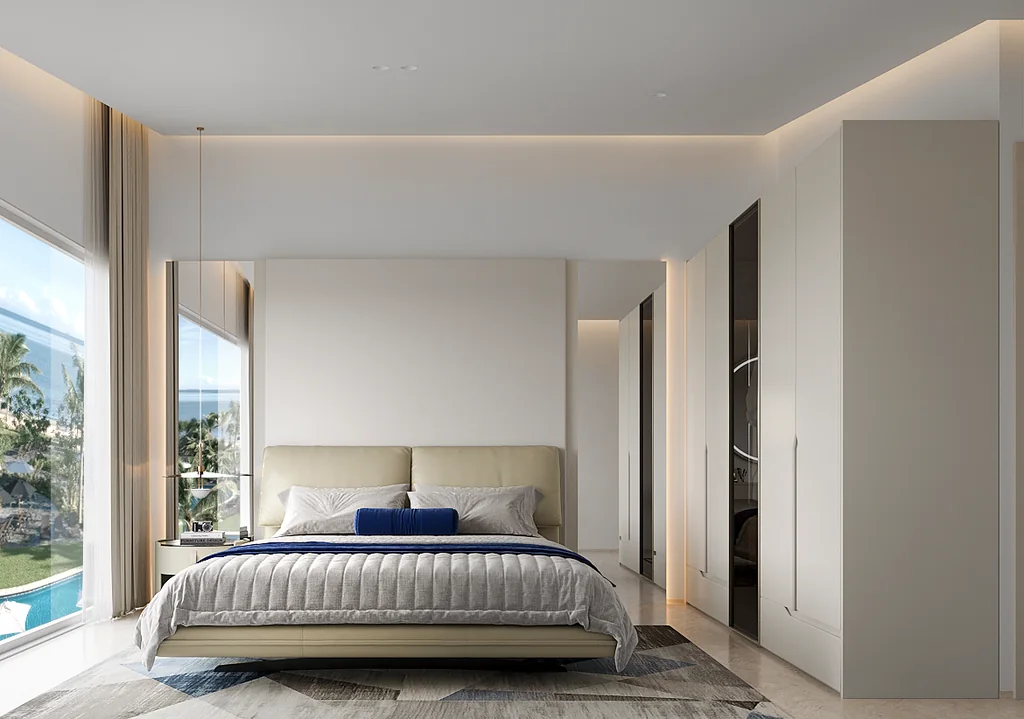 Render of a villa bedroom with a double bed, white wardrobes and a window with sheer curtains