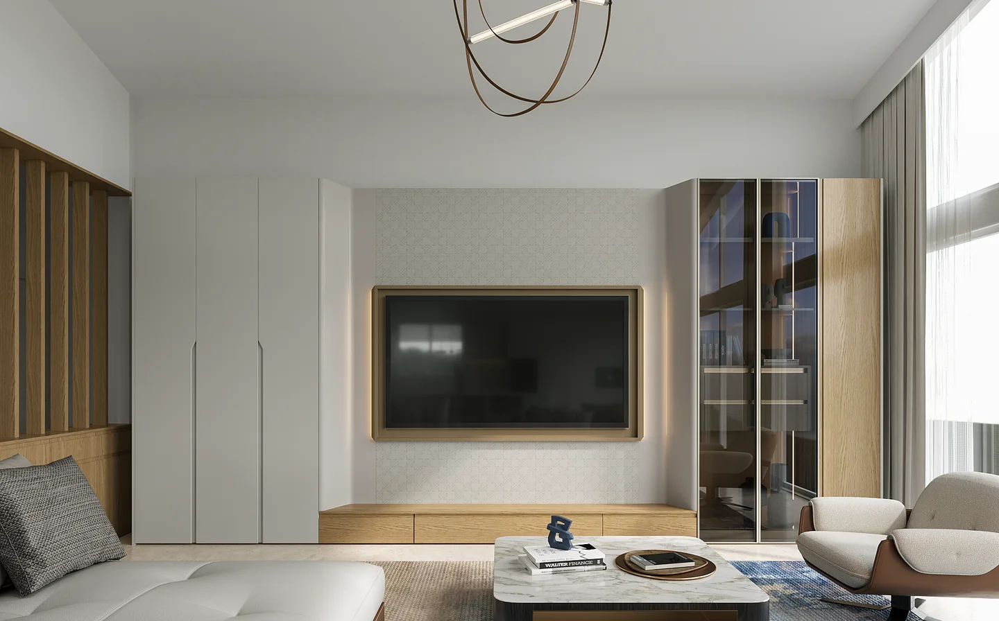 Render of a villa living room with an oak-framed TV wall, white wardrobes, a glass display cabinet and an armchair