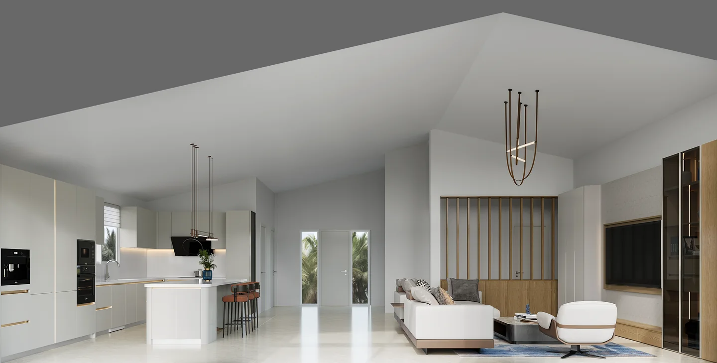Render of an open-plan villa living room and kitchen under a vaulted ceiling with a sculptural pendant and a pool view