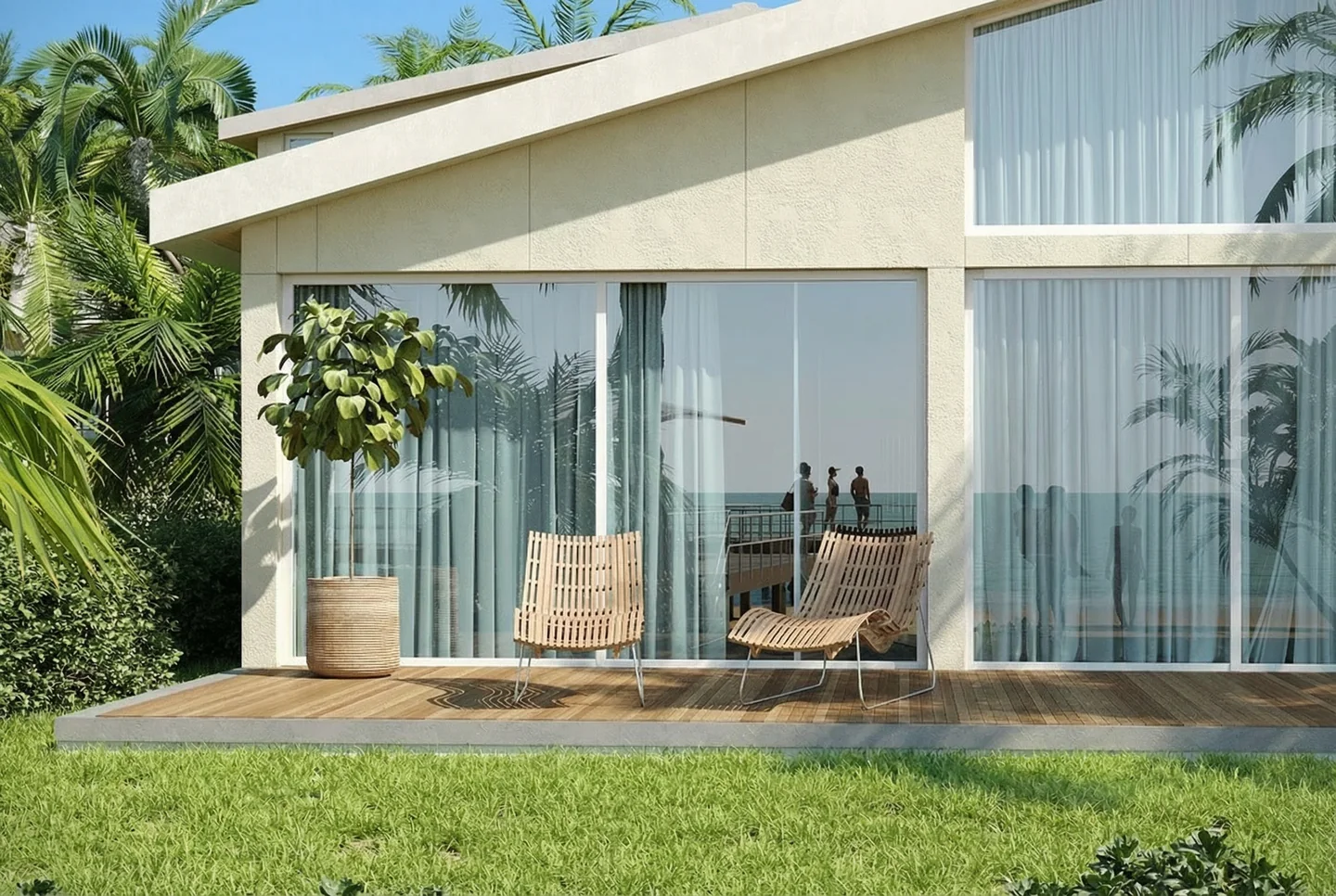 Render of a villa terrace with full-height glazing, sheer curtains, two chairs and a potted plant