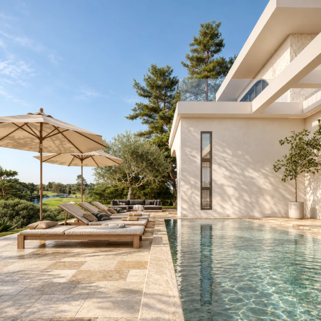 3D rendering of a modern house with pool, lounge chairs, and umbrellas on a sunny day.