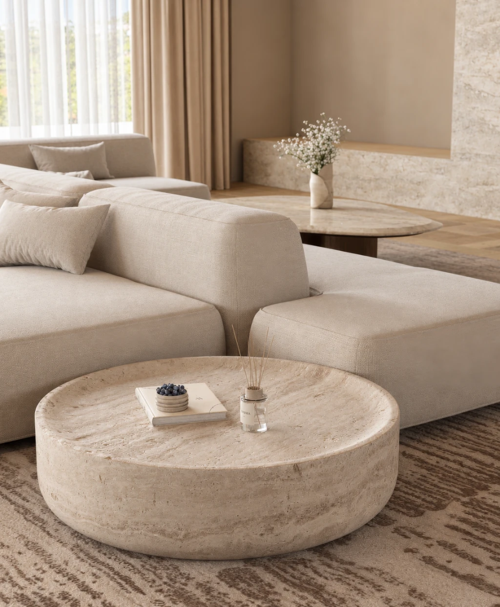 3D rendering of a beige living room with a sectional sofa, stone coffee table, and natural light.