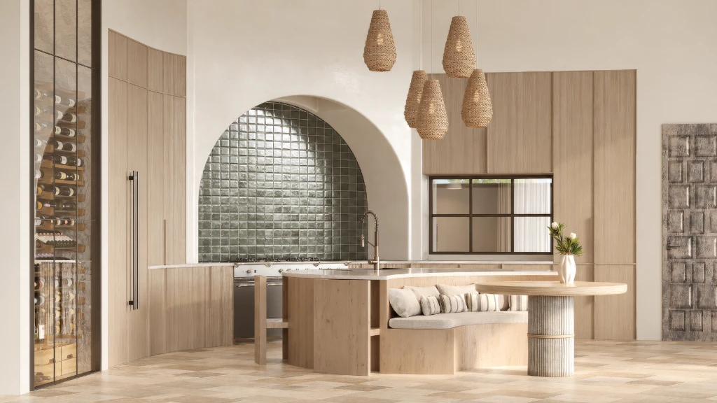 3D rendering of a modern kitchen with light wood accents, white walls, and woven pendant lights.