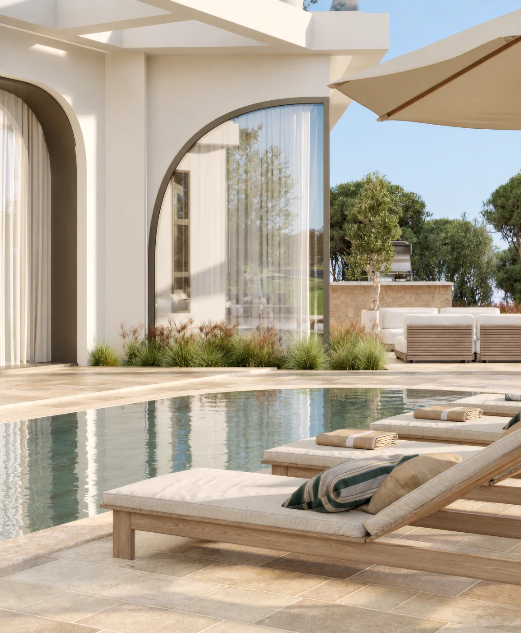 3D rendering of a modern poolside area with beige lounge chairs, towels, and a white building.