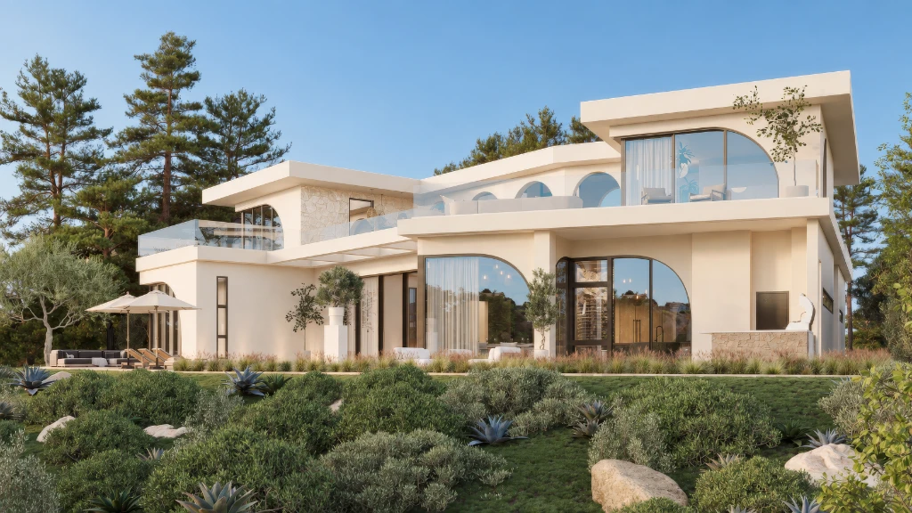 3D rendering of a modern, cream-colored house with arched windows, surrounded by lush greenery and trees.