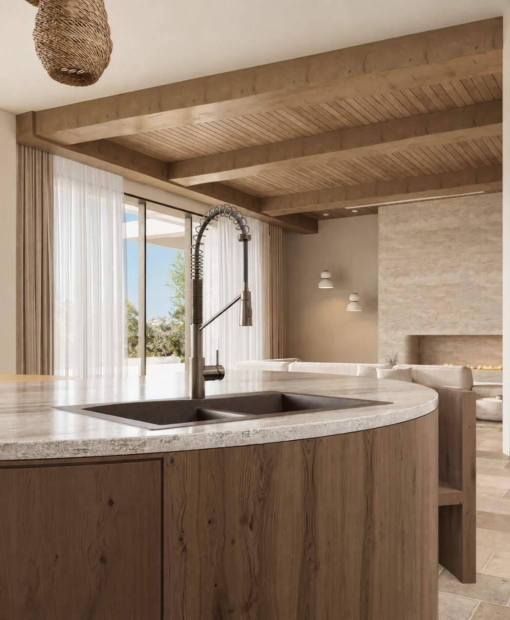 3D rendering of a modern kitchen interior with wooden accents, marble countertop, and view of living area.