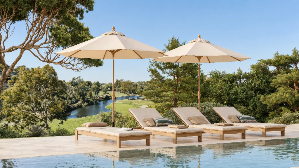 3D rendering of a serene poolside scene with four wooden sun loungers, umbrellas, and a golf course view.