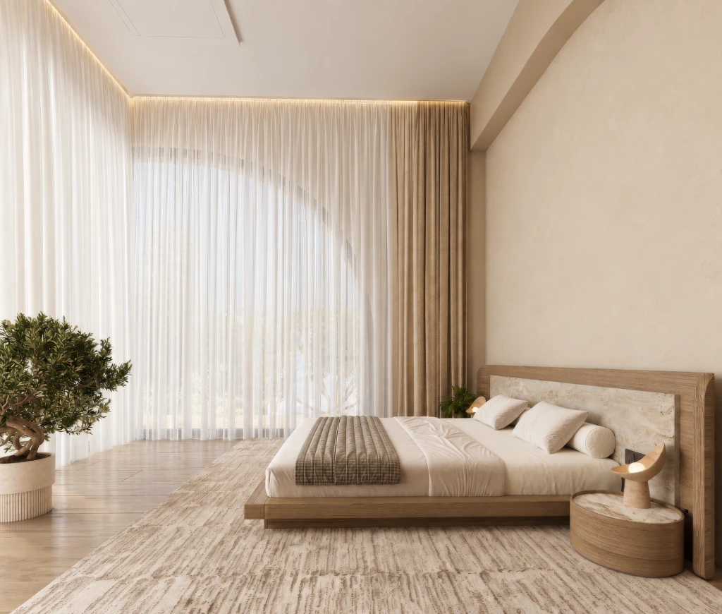 3D rendering of a serene bedroom with a minimalist bed, wooden accents, and sheer curtains.