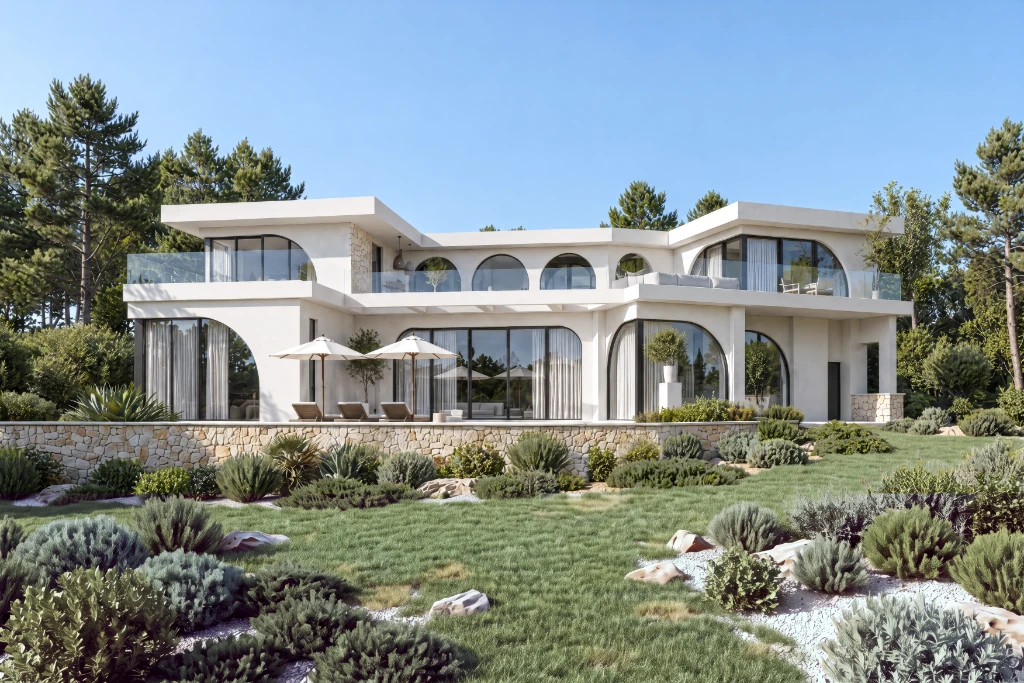 3D Animation of House That Helped Launch Sales Earlier 3D rendering of a modern white house with arched windows, surrounded by lush greenery and a clear blue sky.