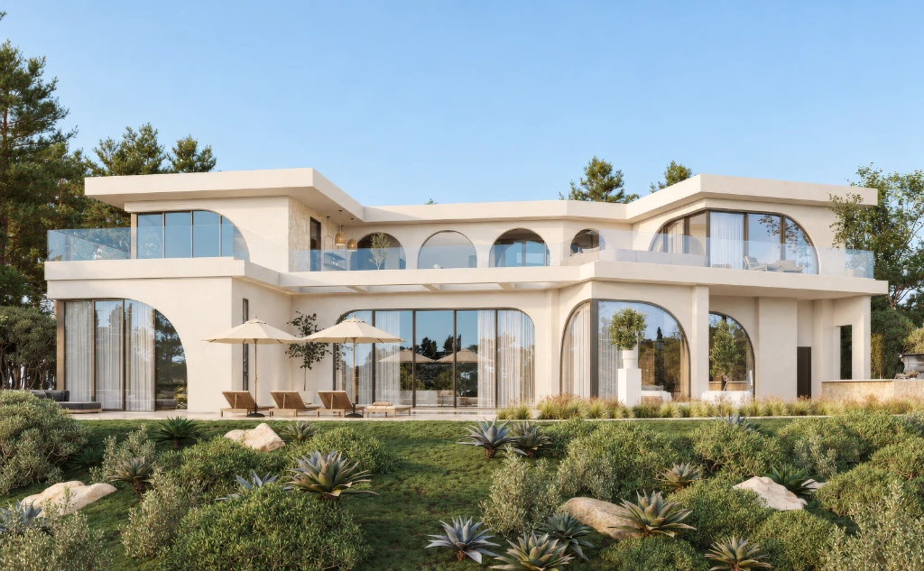 3D rendering of a modern, two-story white house with arched windows, surrounded by lush greenery and clear sky.