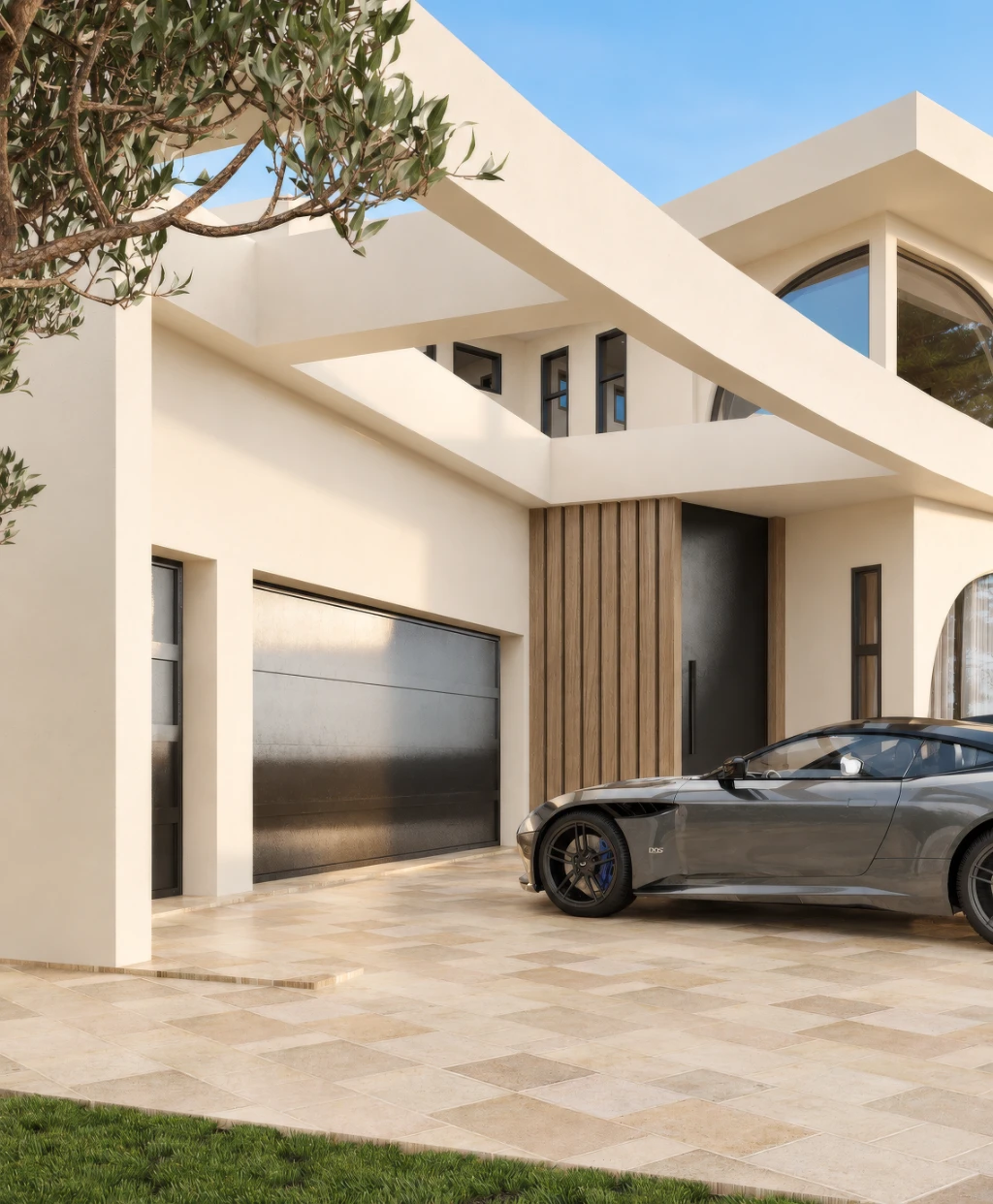 3D rendering of a modern house with a gray sports car parked in the driveway outside.