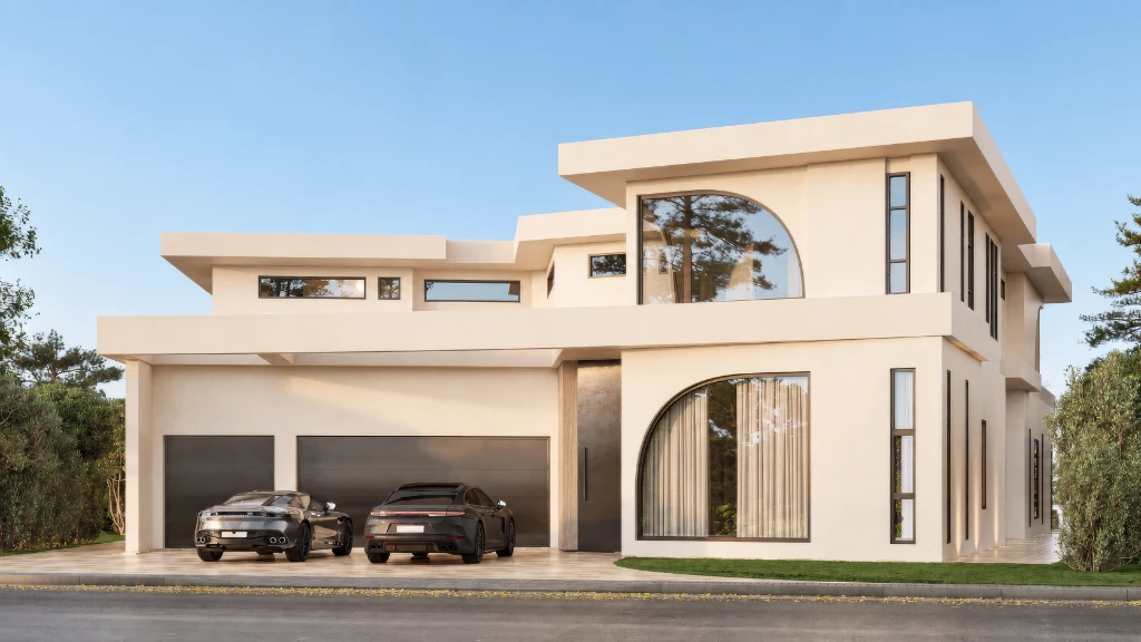 3D rendering of a modern two-story house with beige exterior, large windows, and two cars in the garage.