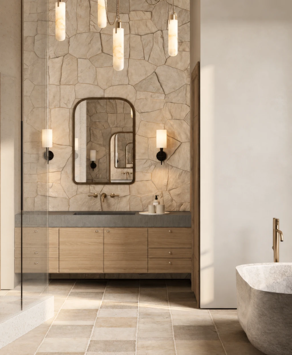 3D rendering of a modern bathroom with stone wall, wooden vanity, and freestanding bathtub in warm light.