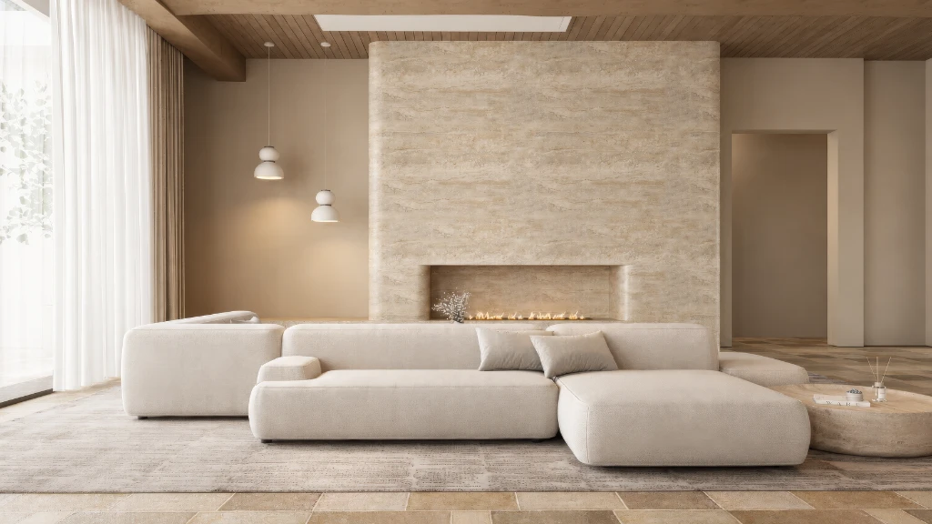 3D rendering of a modern living room with beige sofa, stone fireplace, and wooden ceiling.